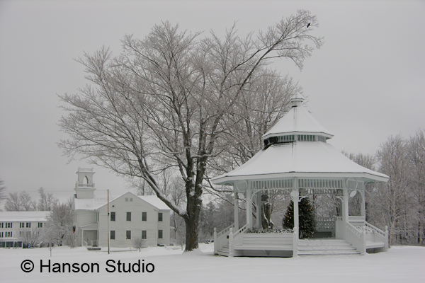 New London, NH - Gazebo with Buildings, Winter